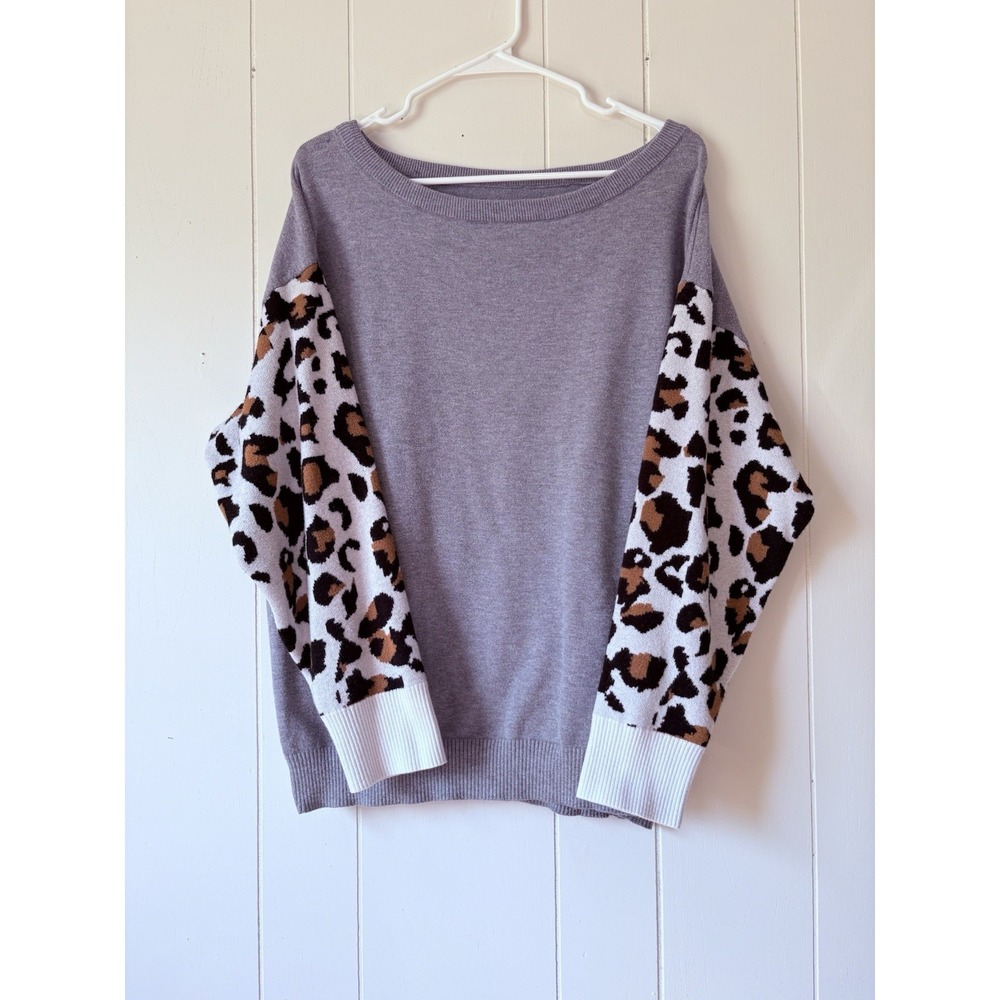 SHEIN Womens XL Gray Sweater Leopard Print Balloon Sleeves Knit Pullover US 12